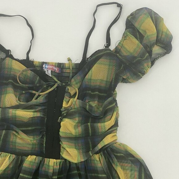 Urban Outfitters UO Tula Layered Mesh Playsuit  Romper Size Medium Plaid Smock - Picture 5 of 11